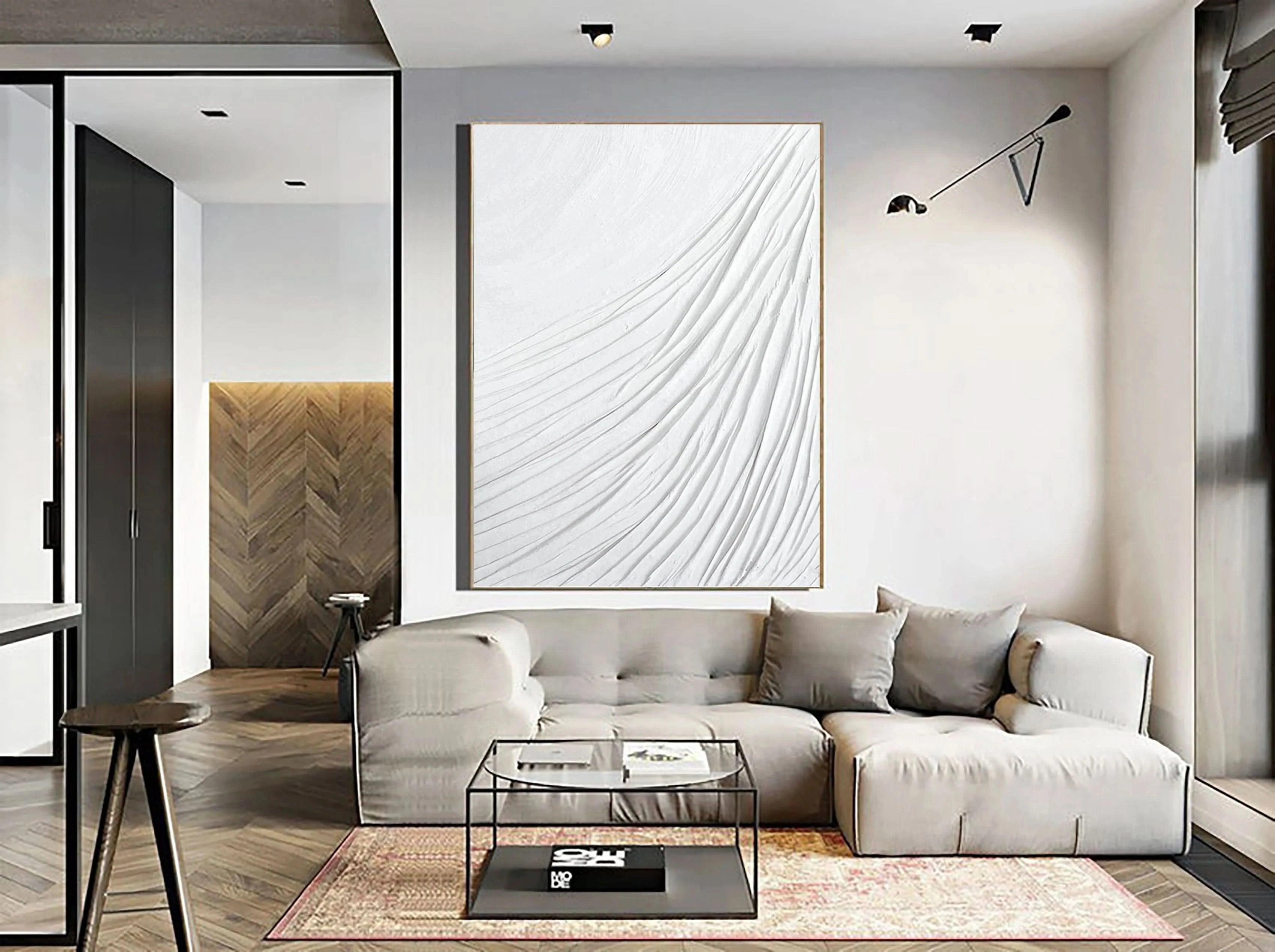 White 3D Textured Plaster Art Large Painting on Canvas Minimalistic Balance