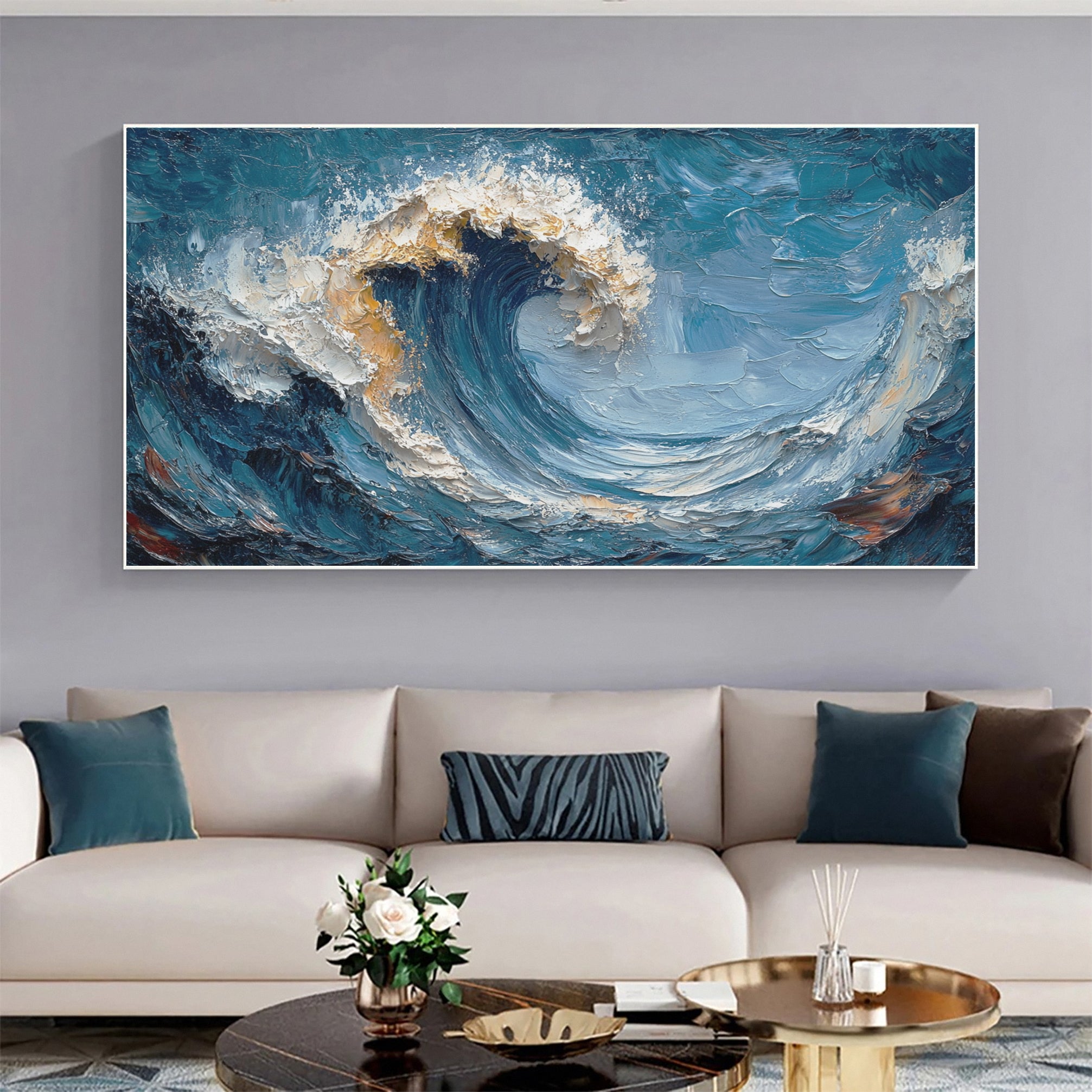Marine Elegance Luxurious Blue Waves Oil Canvas for Modern Interiors #OP 007