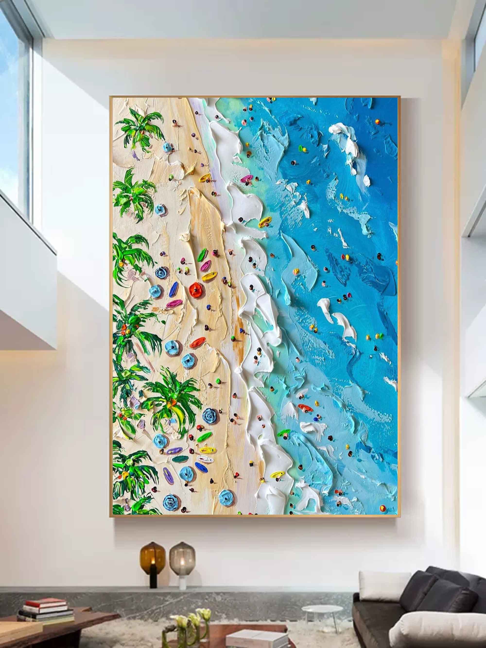 Summer Seaside Holiday Oil Painting On Sale Plaster Canvas Art Blue Ocean Waves Beach Wall Art