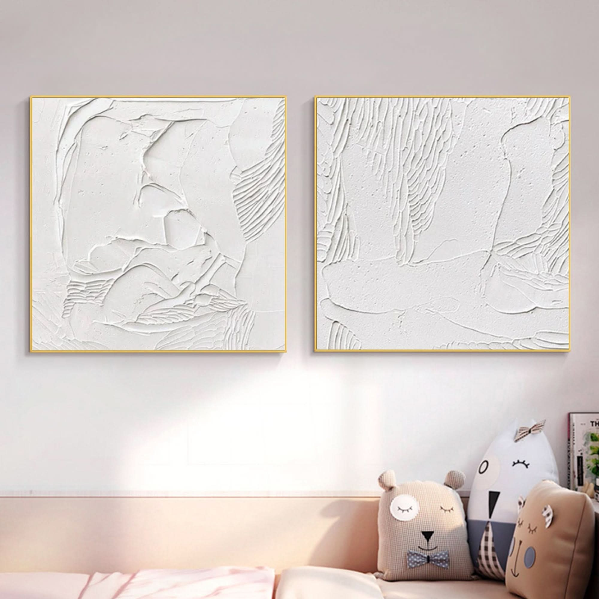 White 3D Minimalist Abstract Art Set of 2 White 3D Plaster Wall Art Set of 2 White Textured Wall Painting Set of 2