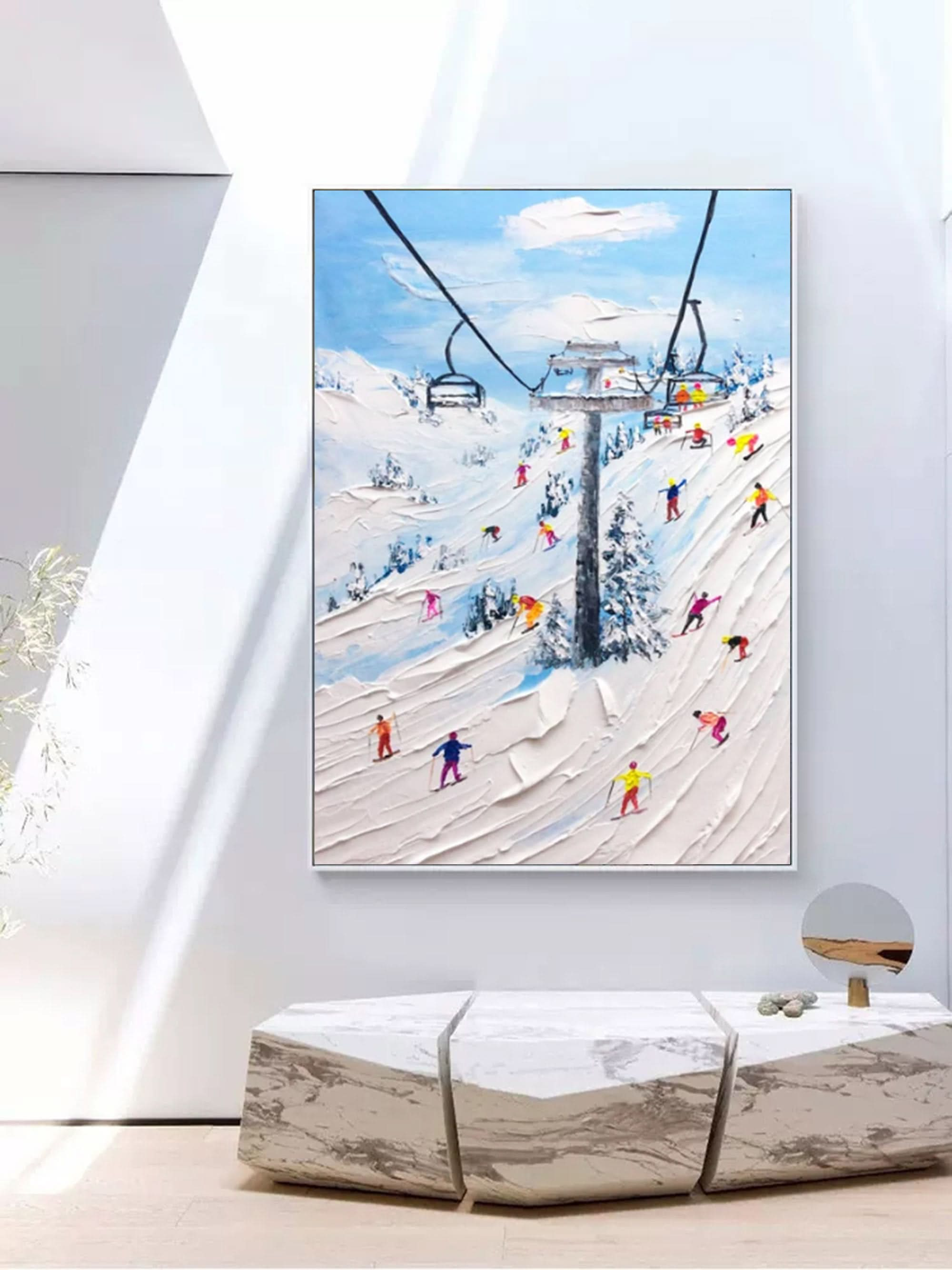 Skier Painting Snow Mountain Skiing 3D Landscape Painting Snow Landscape Painting 3D Plaster Art