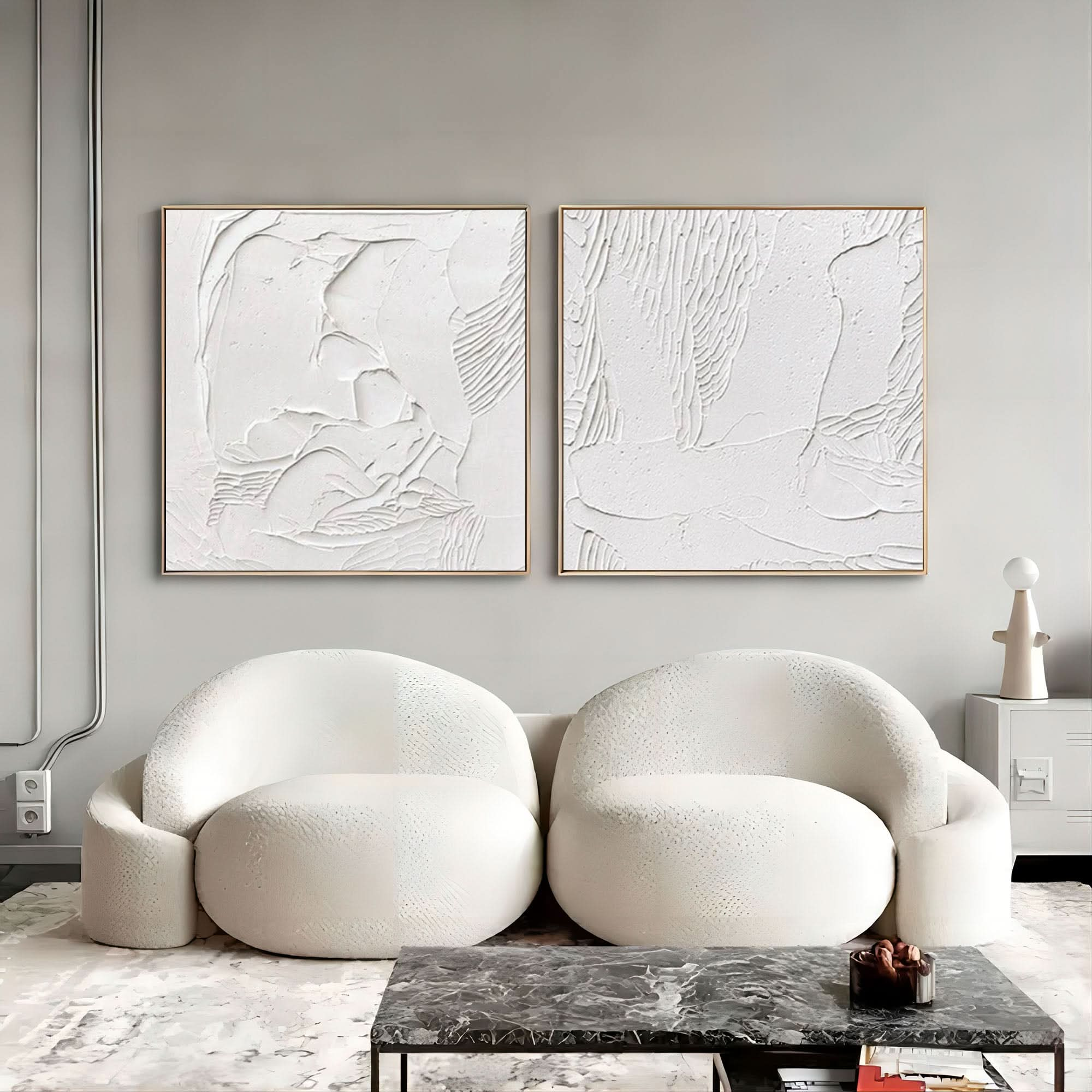 White 3D Minimalist Abstract Art Set of 2 White 3D Plaster Wall Art Set of 2 White Textured Wall Painting Set of 2