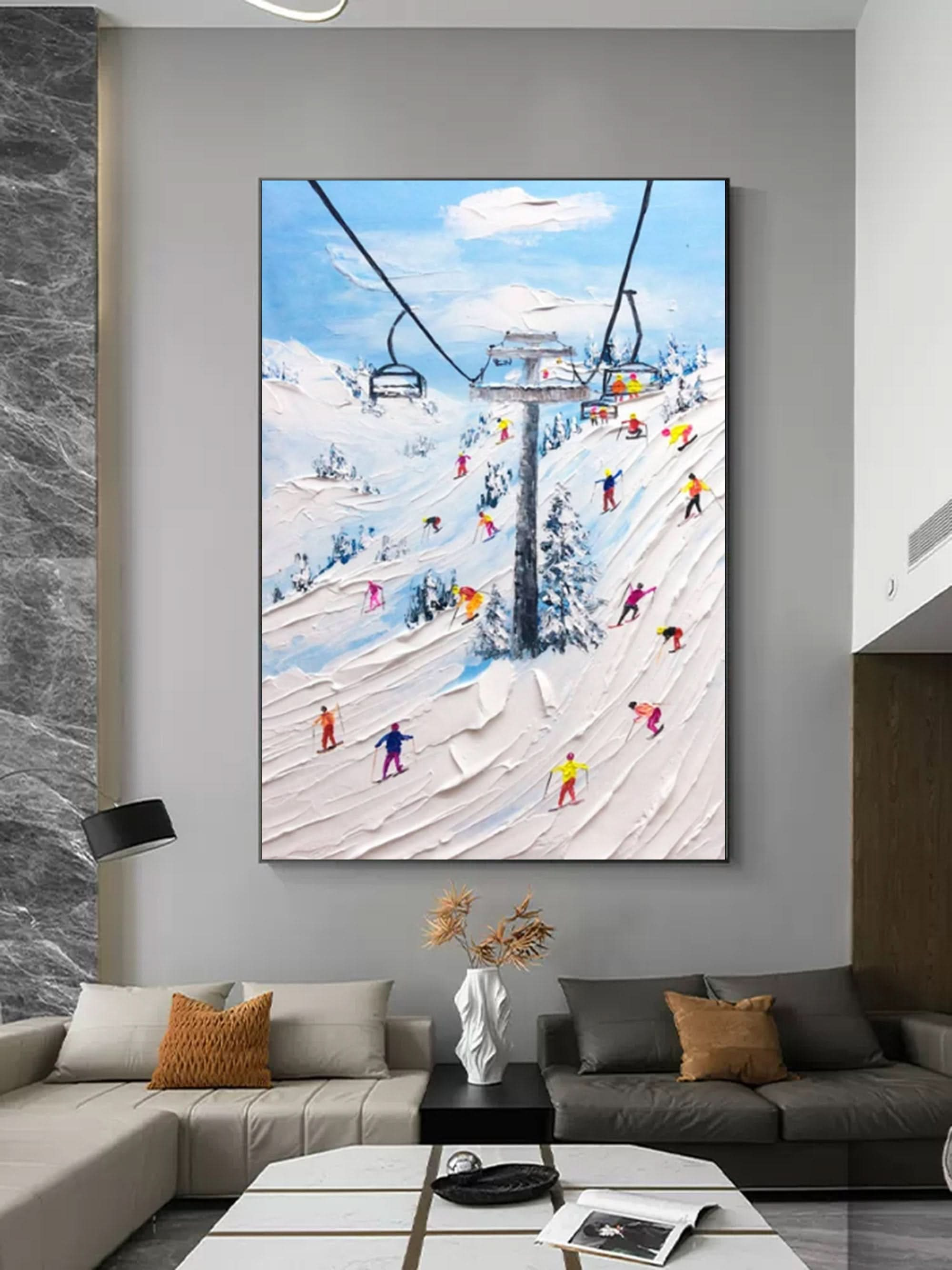 Skier Painting Snow Mountain Skiing 3D Landscape Painting Snow Landscape Painting 3D Plaster Art