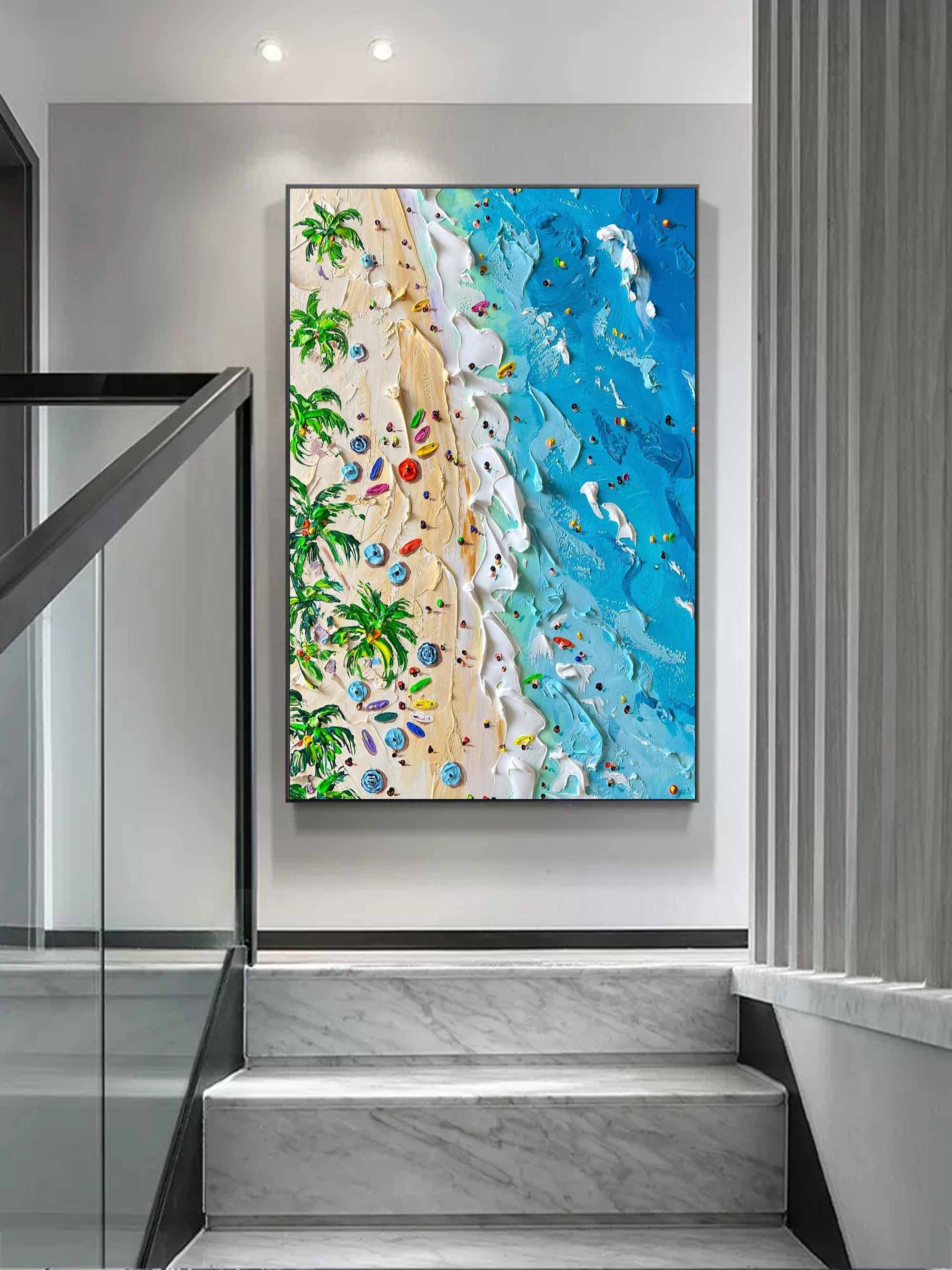 Summer Seaside Holiday Oil Painting On Sale Plaster Canvas Art Blue Ocean Waves Beach Wall Art