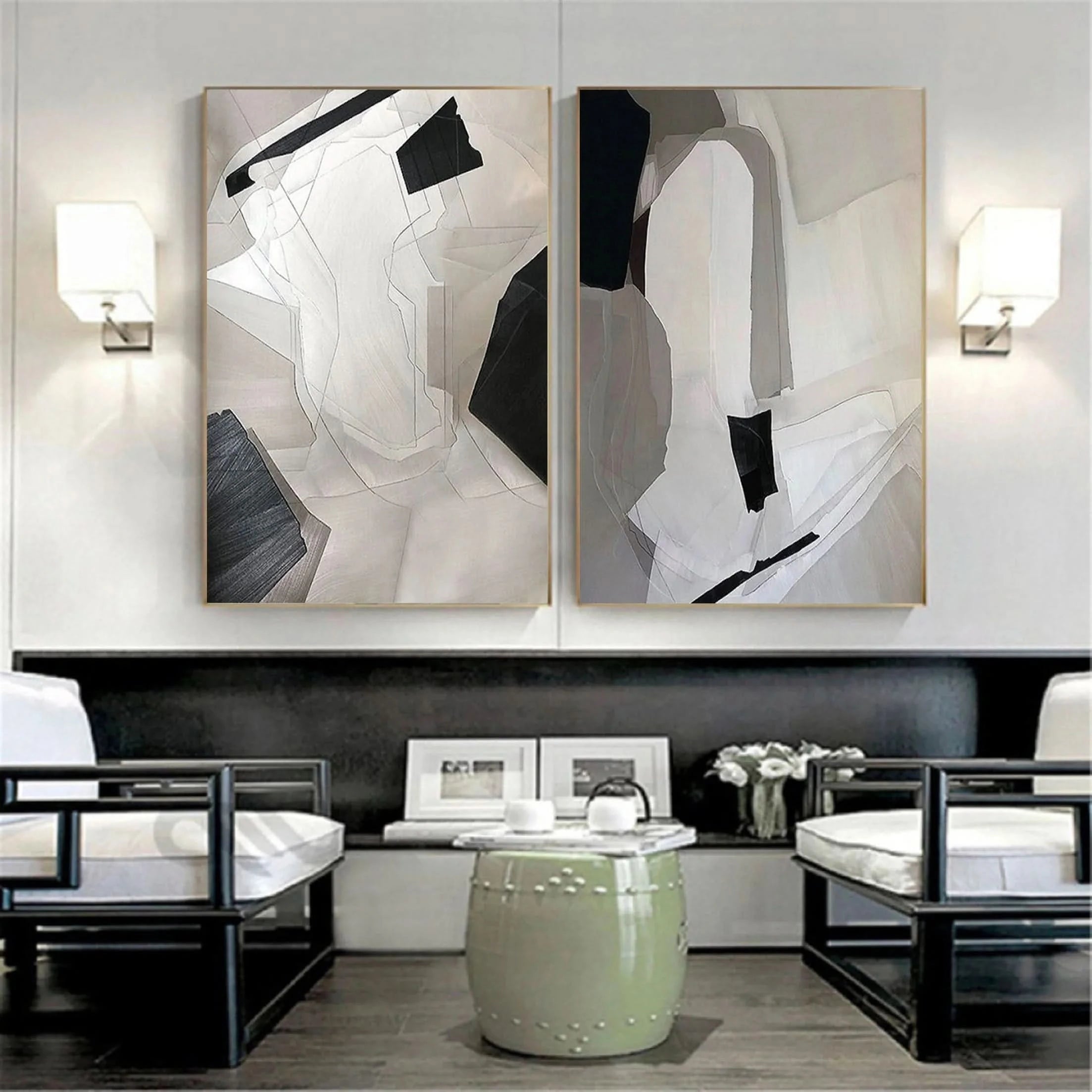 Beige Geometric Wabi Sabi Wall Art on Canvas Abstract Painting Set of 2