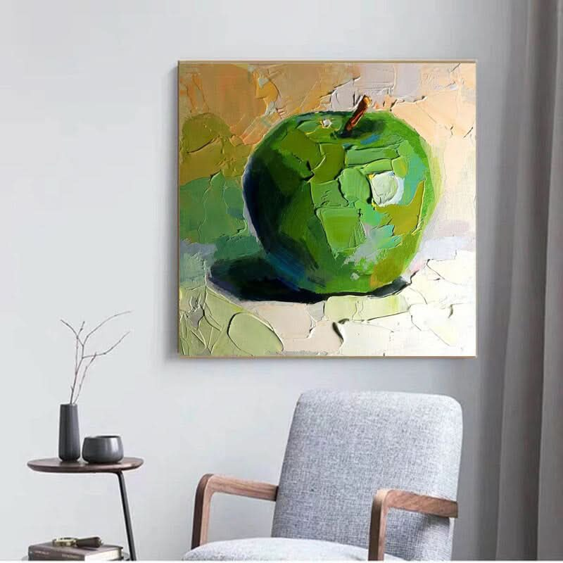 The Green Apple - Textured Oil Painting, Abstract Fruit Wall Art, Vibrant Kitchen Decor