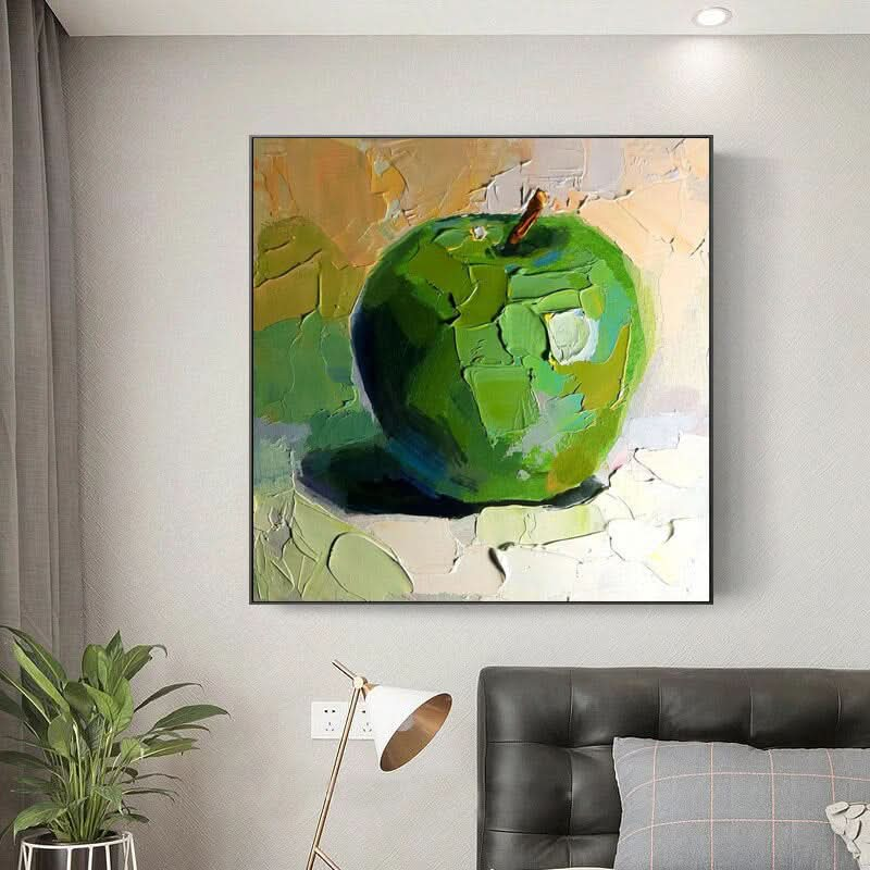 The Green Apple - Textured Oil Painting, Abstract Fruit Wall Art, Vibrant Kitchen Decor