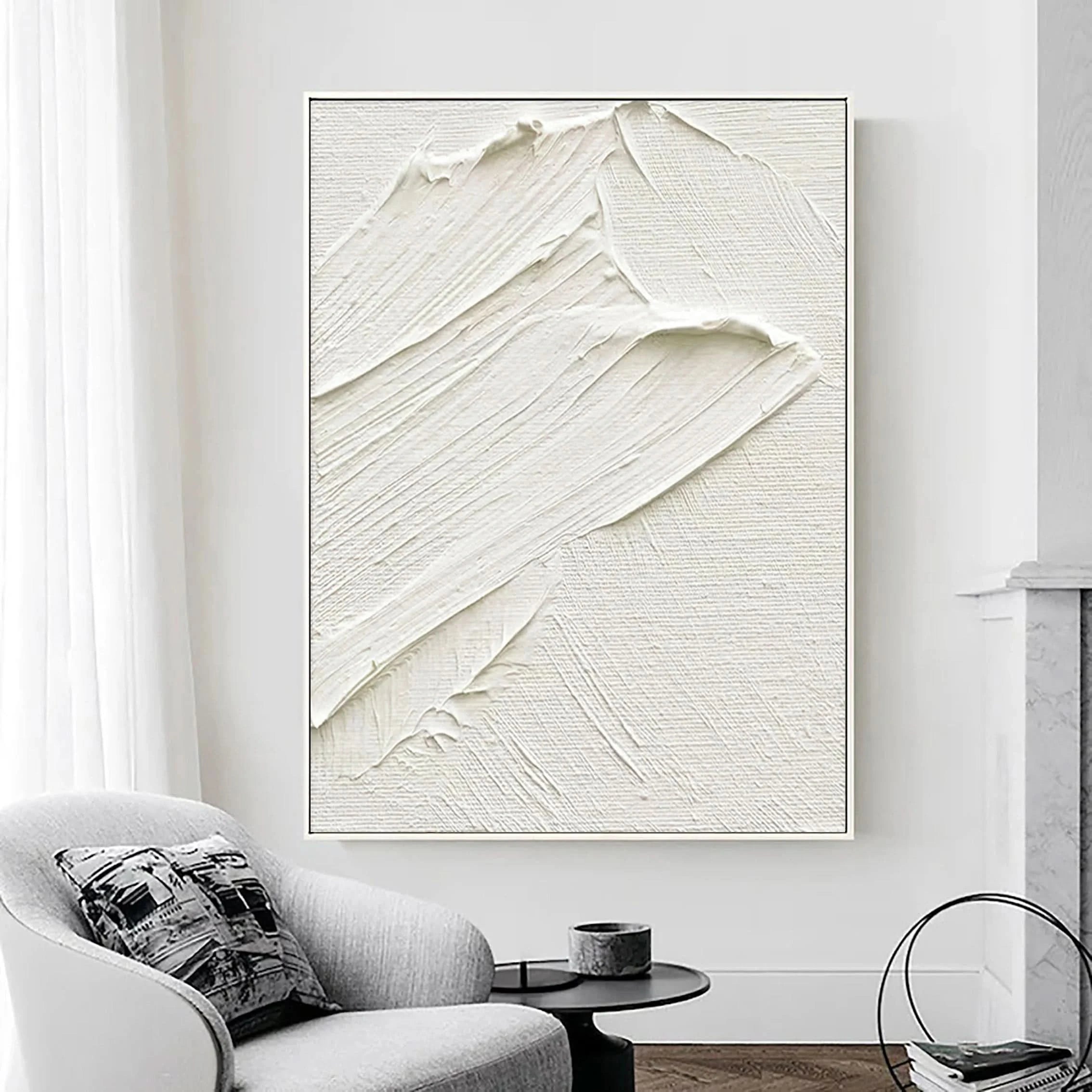 White Sea Slap Plaster Art Painting Minimalistic Balance on Large Canvas