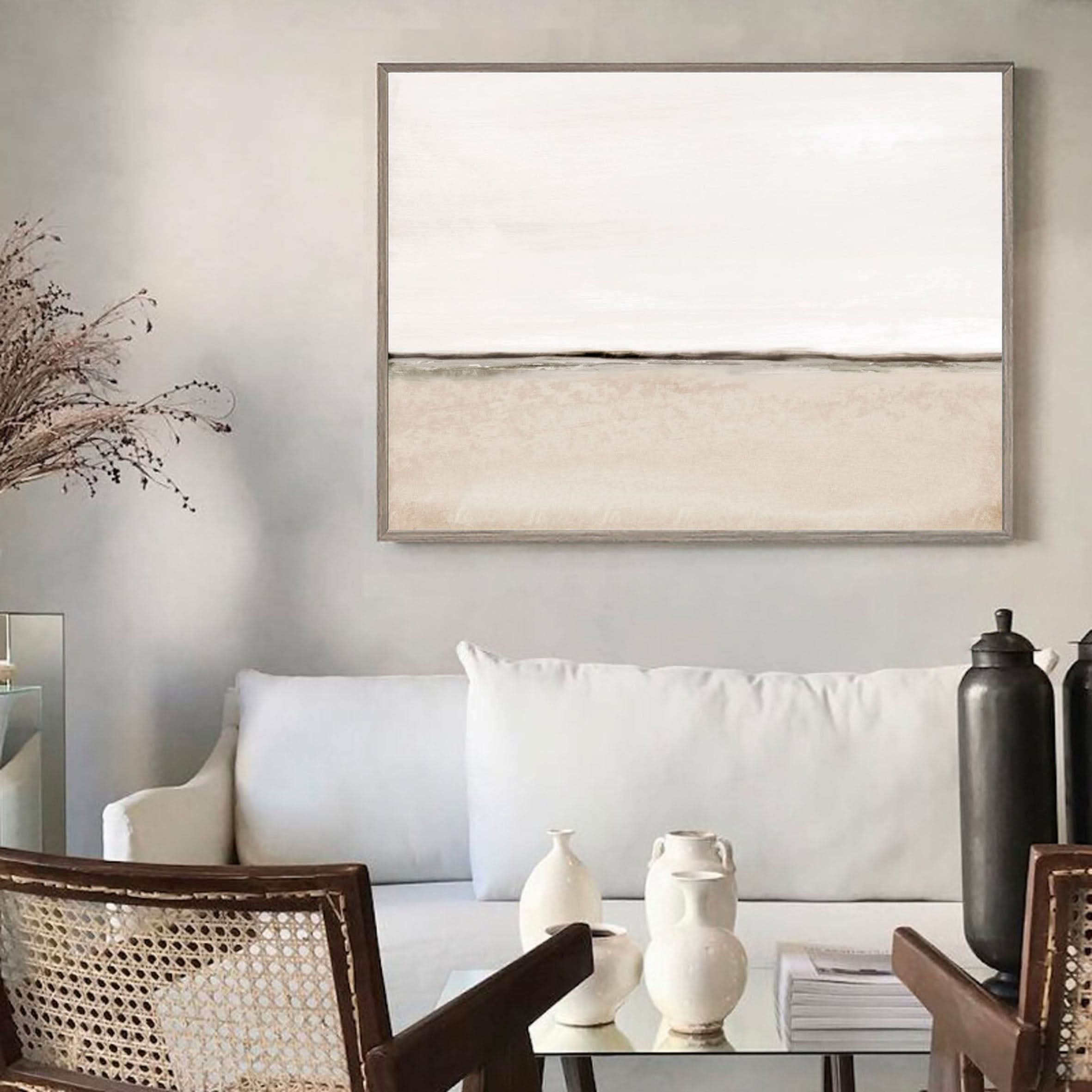 Original Beige White Abstract Painting On Canvas, Handmade Wabi Sabi Wall Art For Bedroom