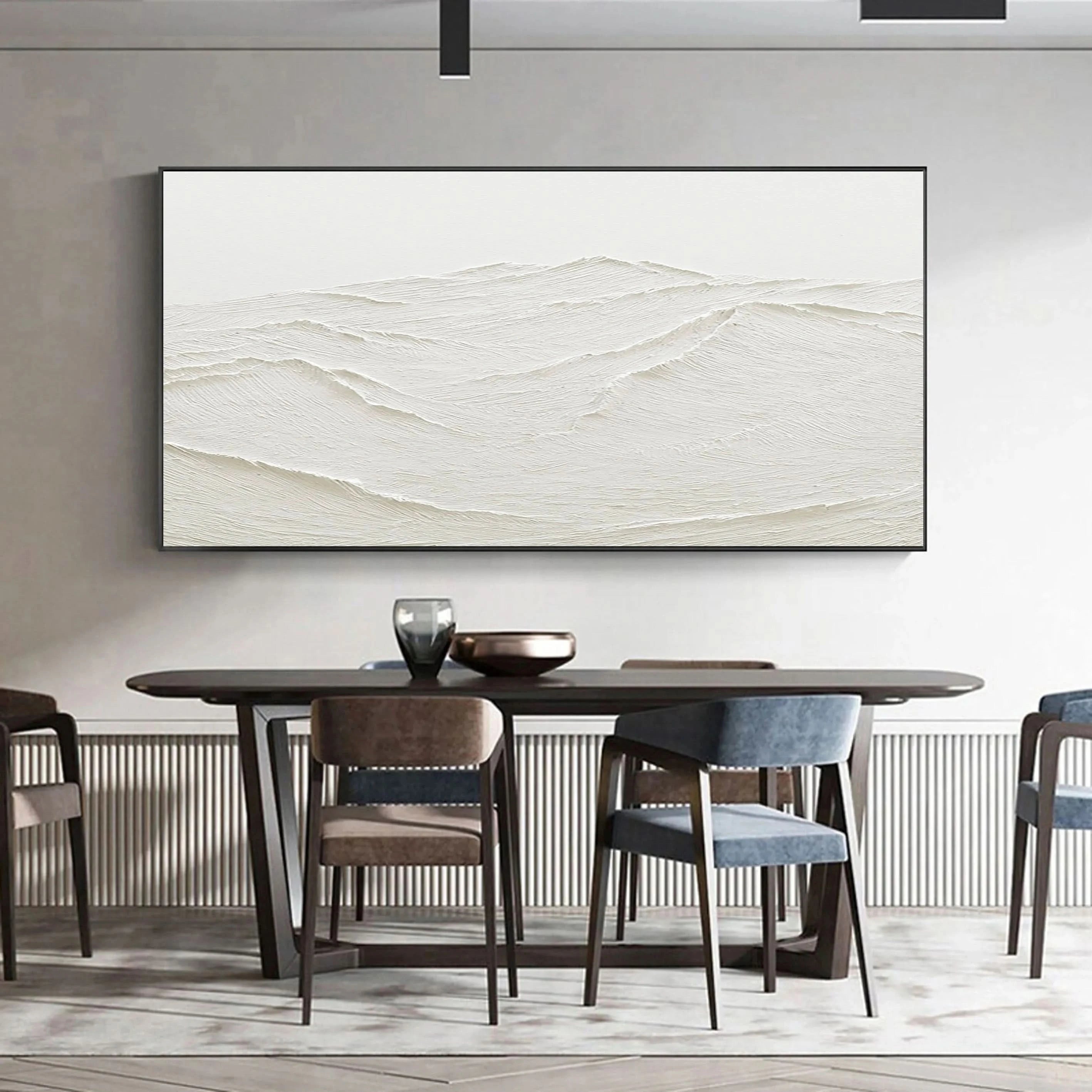 White Rich Textured Landscape Plaster Art Painting, Handcrafted Mountain Minimalist Wall Art