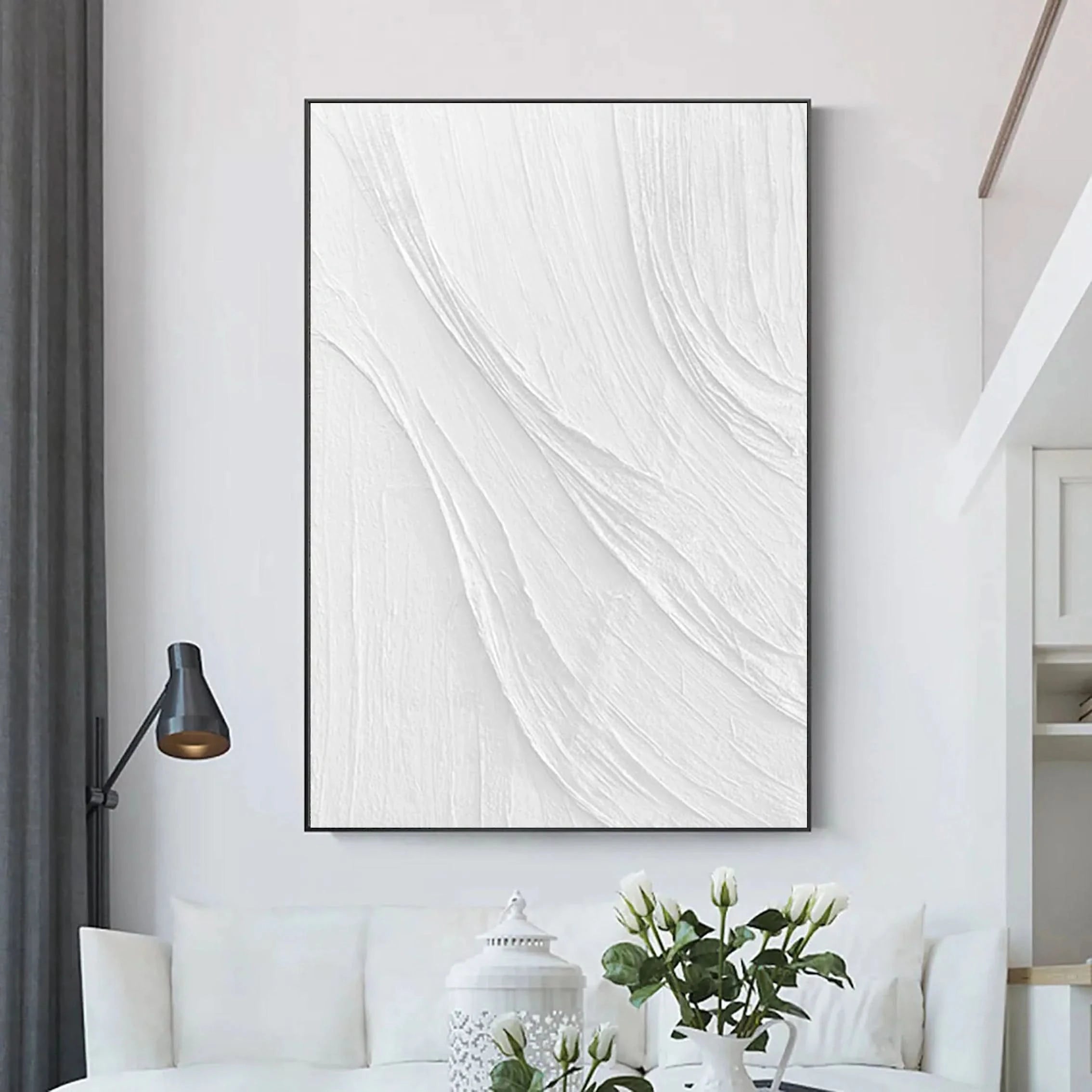 Plaster Minimalistic White Textured Large Painting for Bedroom/Living Room