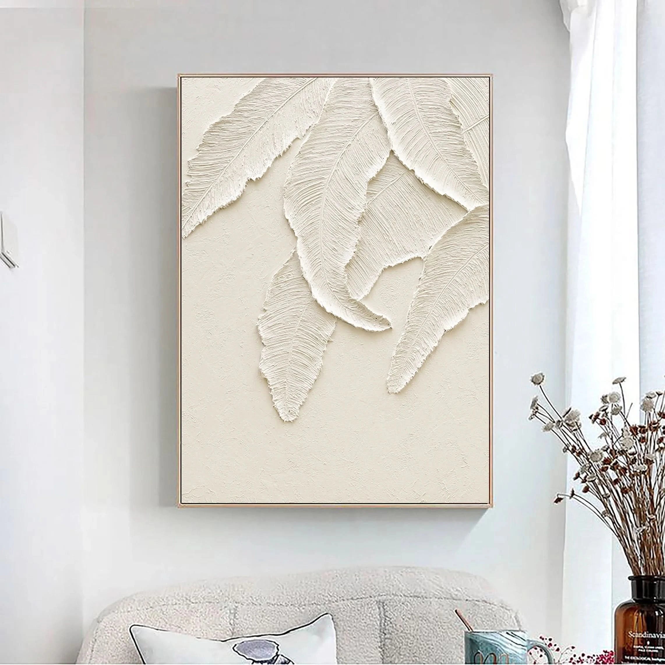 3D Textured Leaves Minimalistic Plaster Art Painting for Bedroom/Living Room