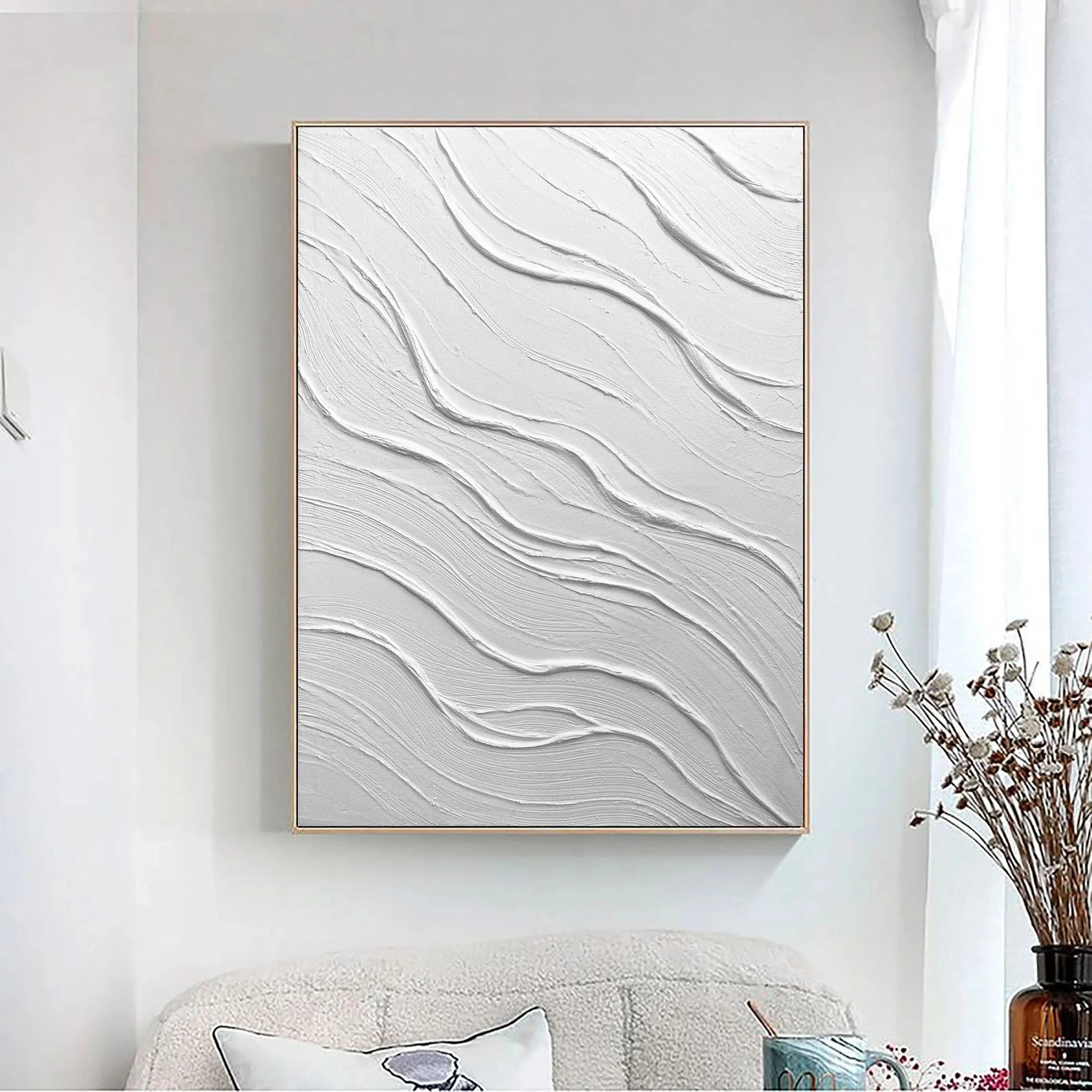 Large Size White Textured Wave Plaster Art Painting Wall Artwork for Room Deco