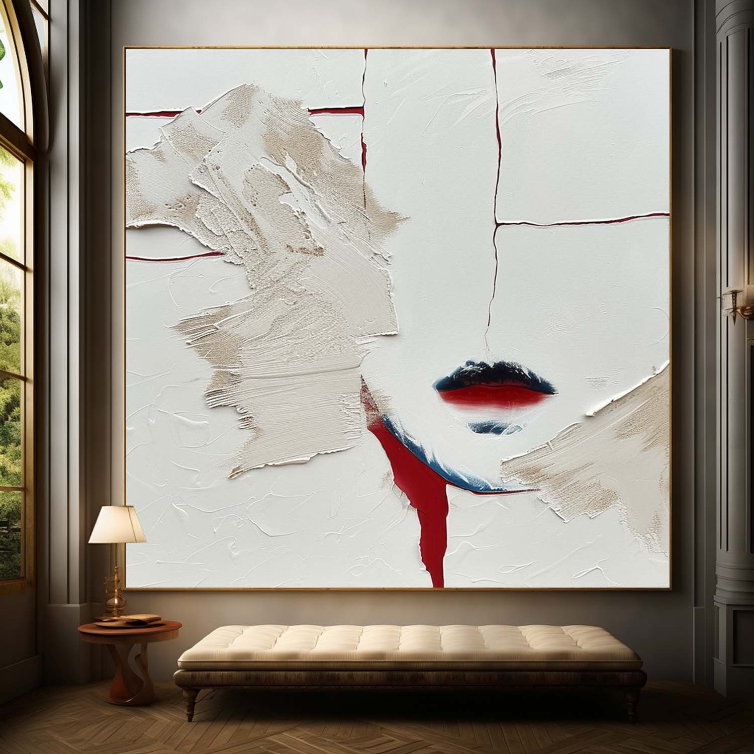 Large Red Lips Abstract Art for Sale Large Red Lips Plaster Texture Canvas Painting Red Lips Wall Art