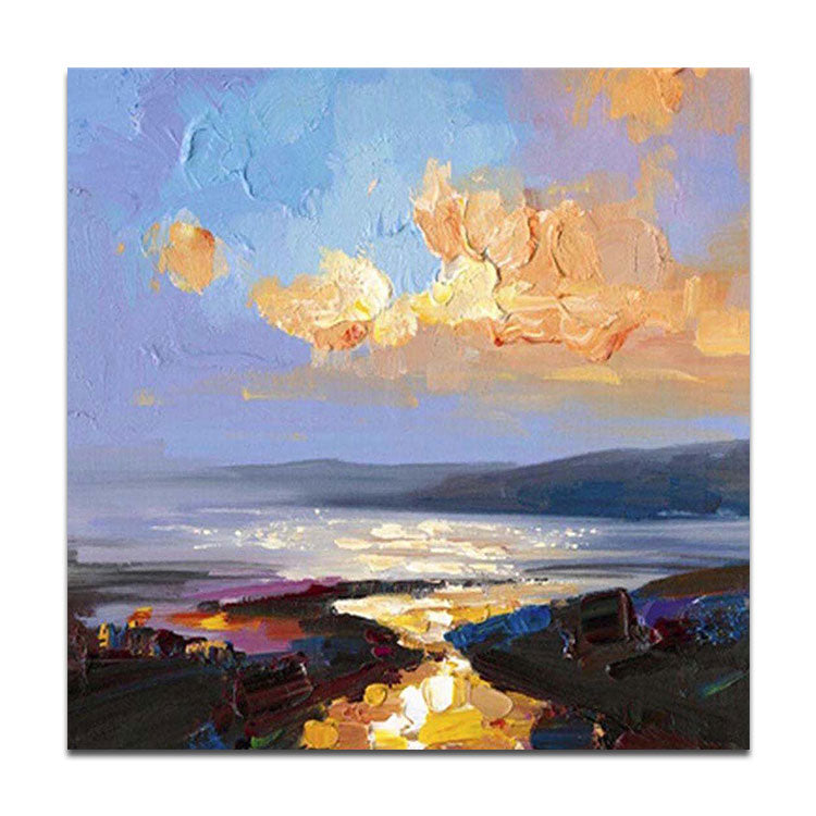 Large Oil Painting Canvas Handmade Oil Painting Bedroom Oil Painting Modern Sky Blue Abstract Art Gold Painting The rays of the setting sun