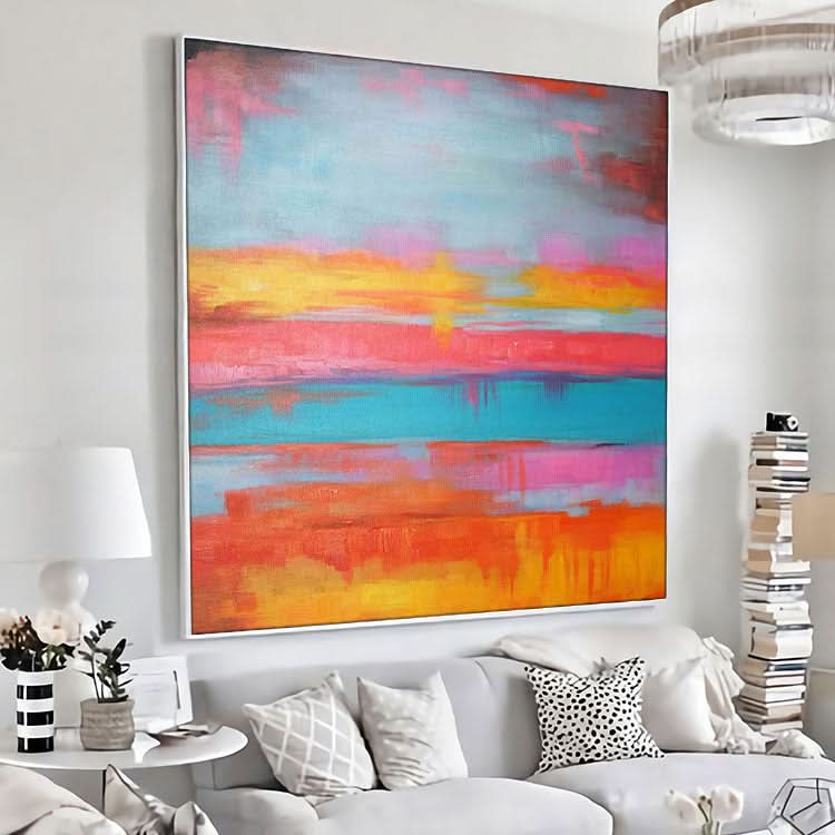 Large Canvas Art Original Orange And Red Art Blue Canvas Acrylic Abstract Texture Art | Lake