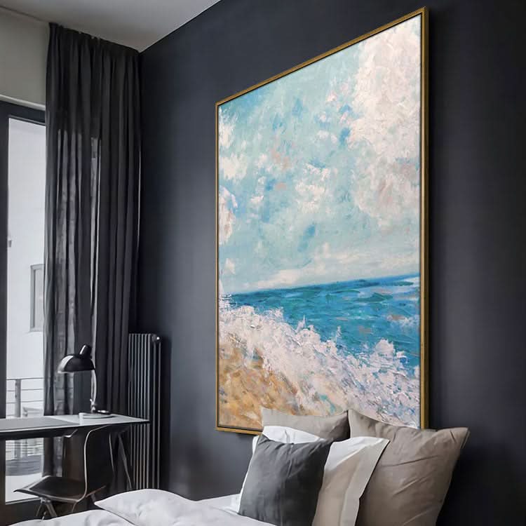 Die Wellen prasseln gegen das Ufer - handgefertigtes Strand-Wandbild, Meeresölgemälde auf Leinwand 
