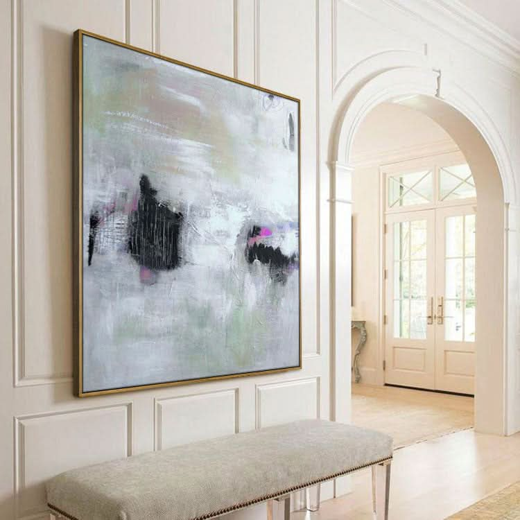 Abstract Oil Painting Living Room Original Oil Painting Extra Large Black White Painting | Mountains and rivers under the mist