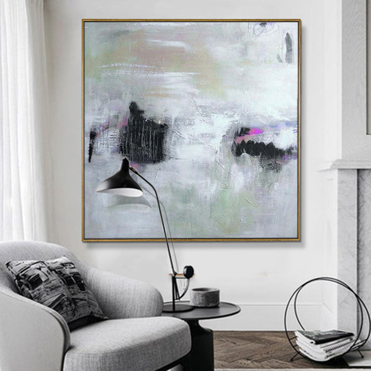 Abstract Oil Painting Living Room Original Oil Painting Extra Large Black White Painting | Mountains and rivers under the mist