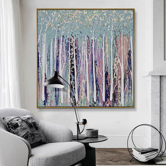 Hand Painted Forest Tree Painting Purple Modern Abstract Wall Art