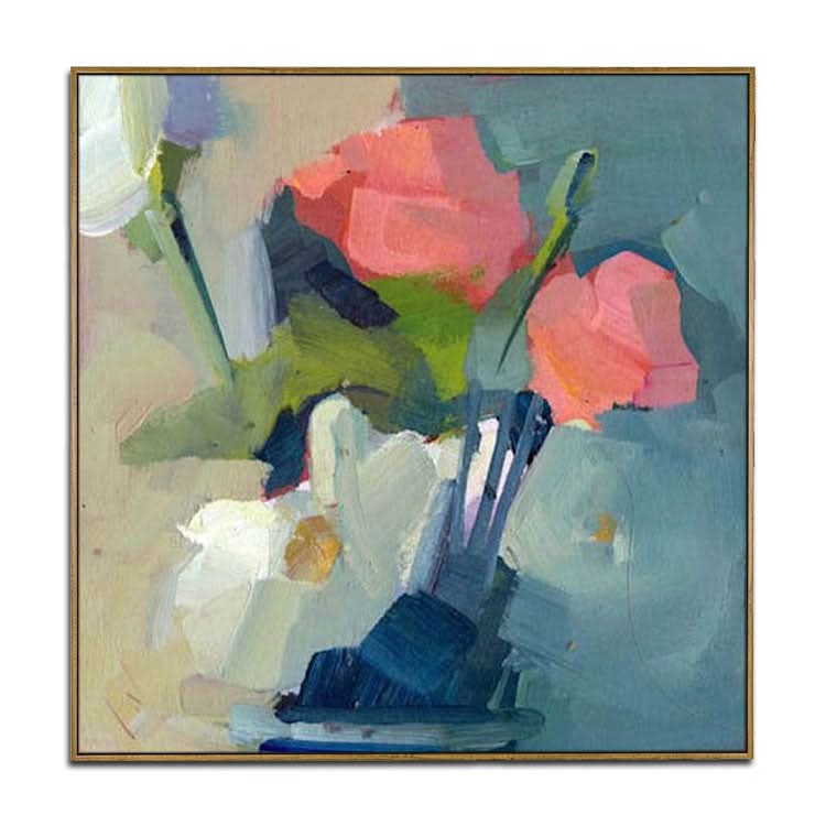 Rosa und weiße Blumen in Vase - handgemachte moderne abstrakte Wandkunst Blumen Ölgemälde 