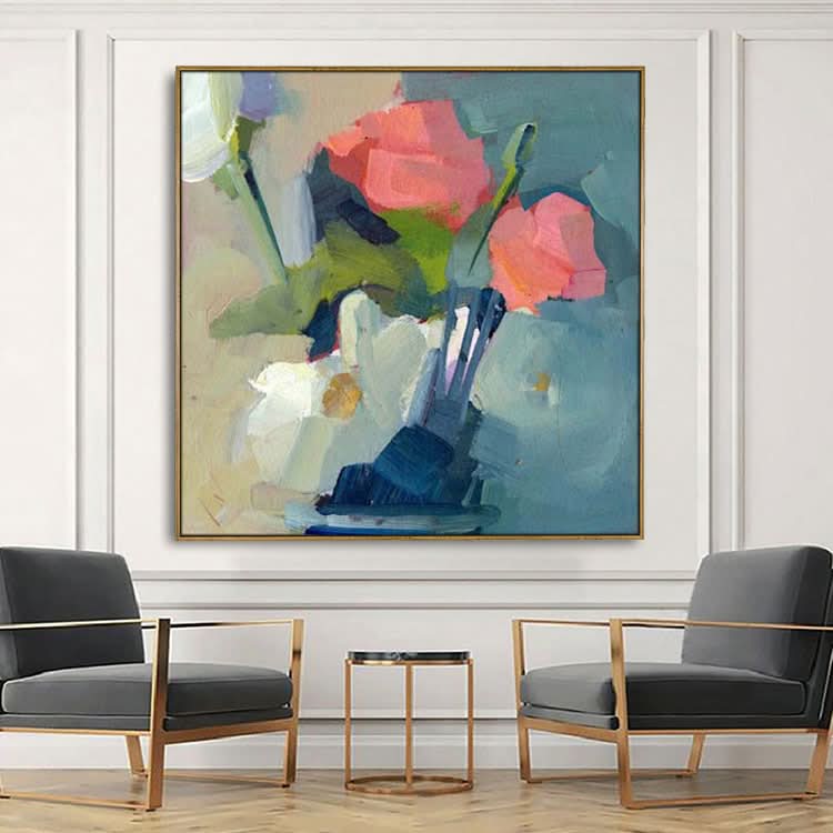 Rosa und weiße Blumen in Vase - handgemachte moderne abstrakte Wandkunst Blumen Ölgemälde 