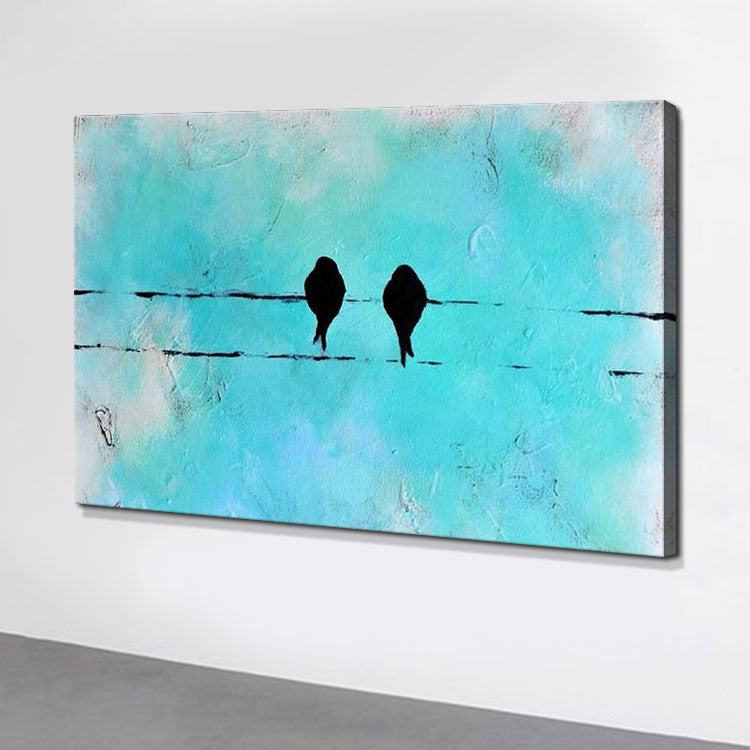 Loving Together - Hand Painted Bird Oil Painting Teal Modern Animal Wall Art