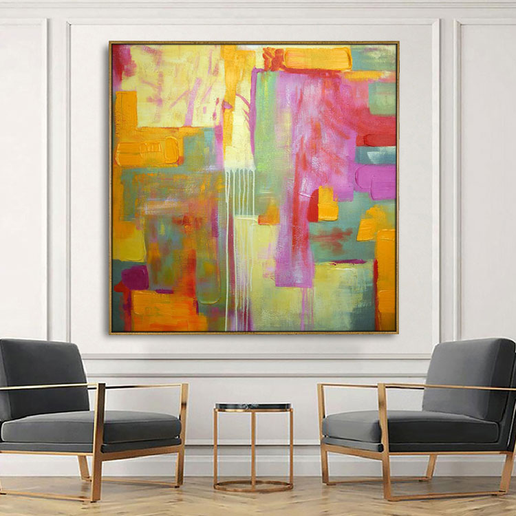 Large Abstract Art Original Gold Painting Pink Painting Teal Art Abstract Painting On Canvas | Colorful modern primitive painting