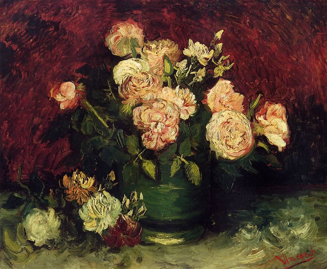 Schale mit Pfingstrosen und Rosen