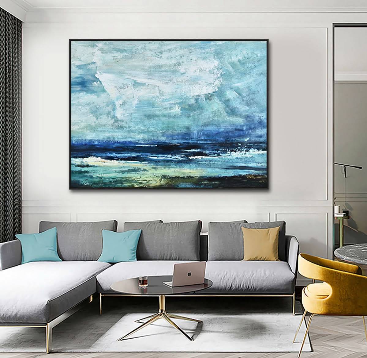 Handmade large size original blue beach canvas wall art abstract painting