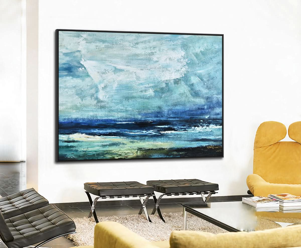 Handmade large size original blue beach canvas wall art abstract painting