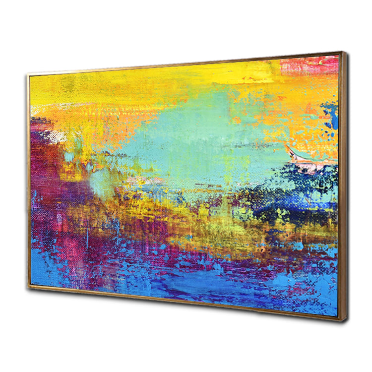 Abstract Art in Turquoise, Gold and Light Blue | Sunset - Handmade Abstract Art Print Canvas Sunset Painting