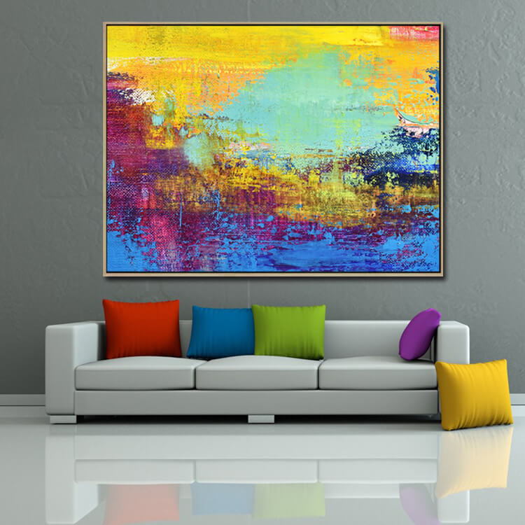 Abstract Art in Turquoise, Gold and Light Blue | Sunset - Handmade Abstract Art Print Canvas Sunset Painting