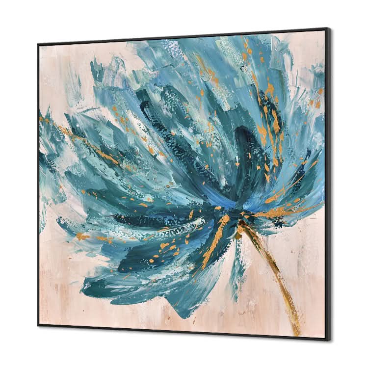 Großes abstraktes Acrylgemälde, beige, Wandkunst, schwarze abstrakte Kunst, blaues Gemälde | Blumen, die von der Brise bewegt werden 