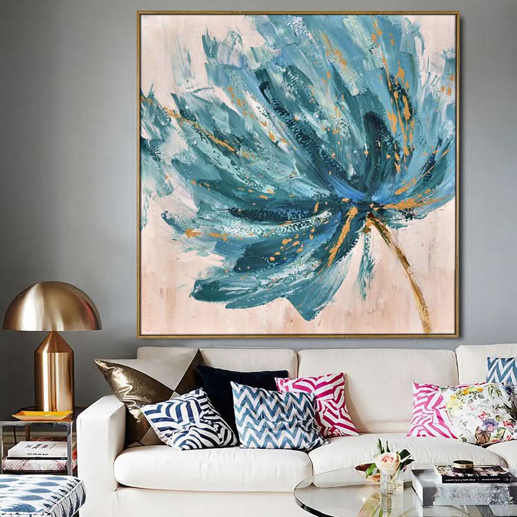 Großes abstraktes Acrylgemälde, beige, Wandkunst, schwarze abstrakte Kunst, blaues Gemälde | Blumen, die von der Brise bewegt werden 