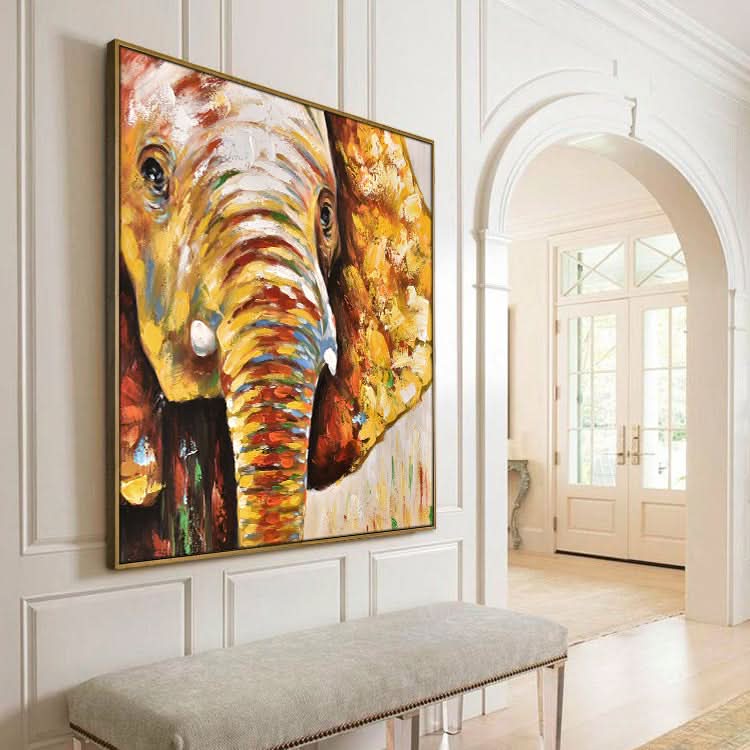 Handgemaltes abstraktes Ölgemälde Original Kunstgemälde Modernes Gelb-Rot-Gemälde | Gelbgoldener Elefant 