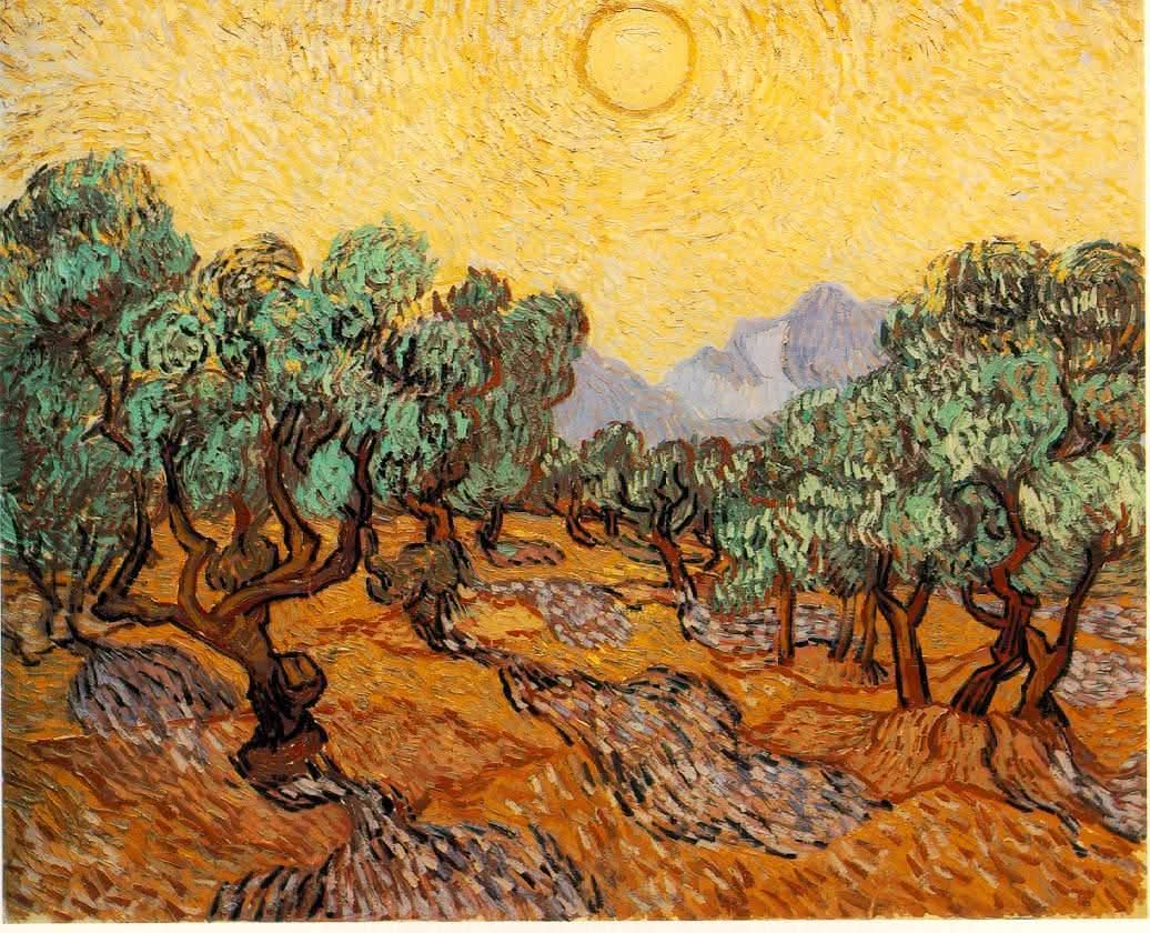 Olivenbäume mit gelbem Himmel und Sonne 37x30